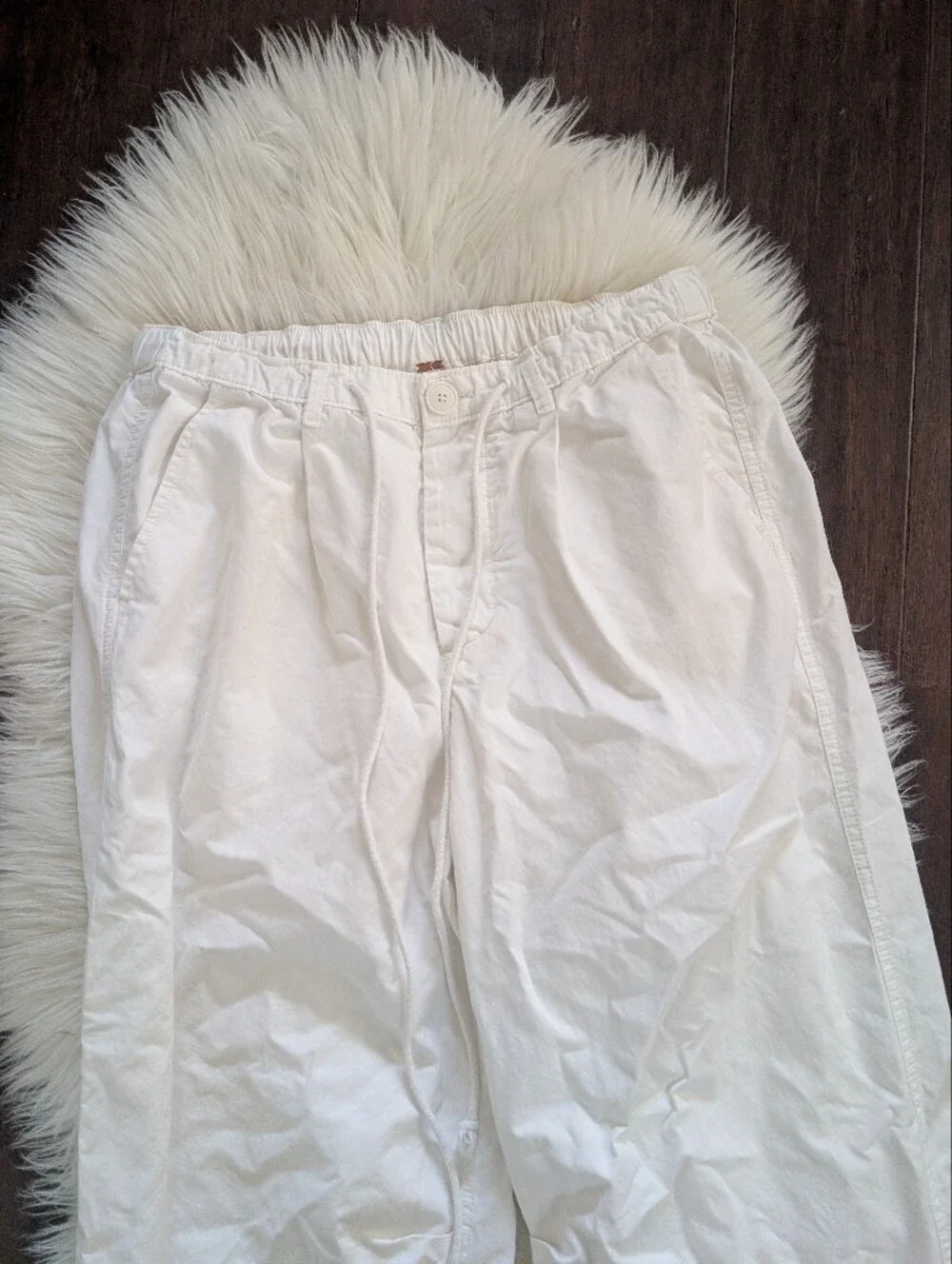 Free People White Elastic-Waist Drawstring Cotton Wide Leg Pants S Small